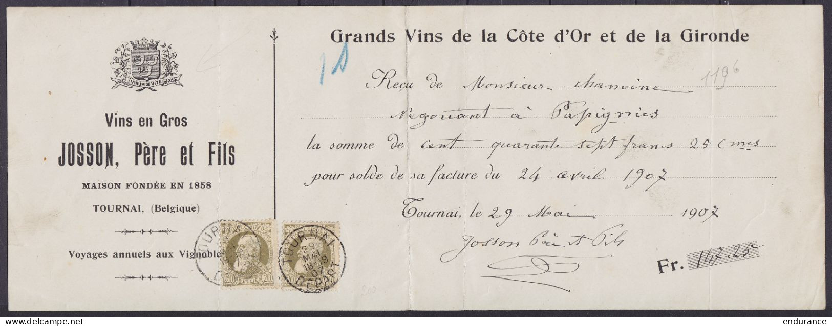 Lot De 3 Reçus Affr. N°74, 75 & 78 Càd ERQUELINNES & TOURNAI 1907 & 1908 De Grossistes En Vins Pour PAPIGNIES Lessines - 1905 Grosse Barbe