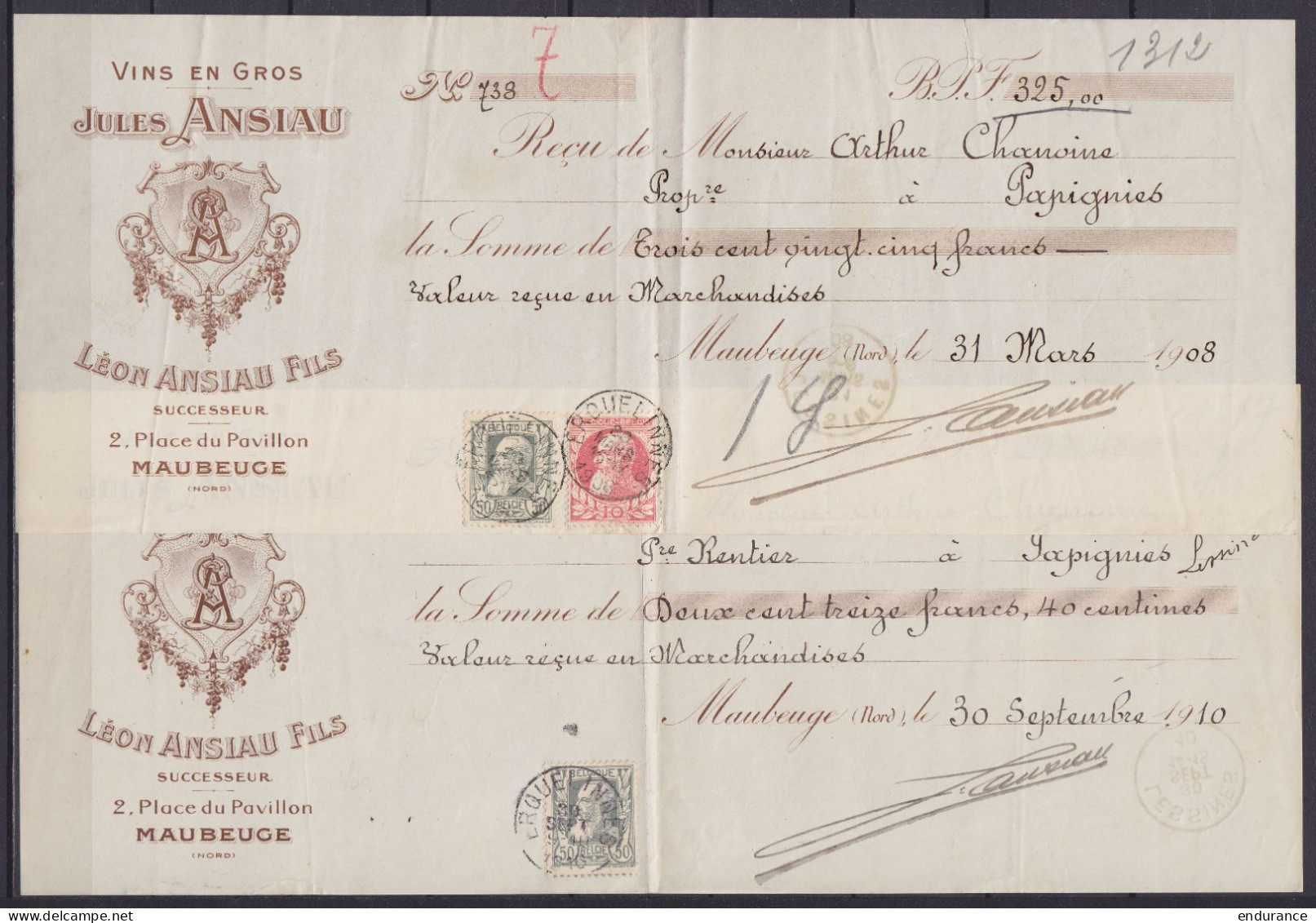 Lot De 3 Reçus Affr. N°74, 75 & 78 Càd ERQUELINNES & TOURNAI 1907 & 1908 De Grossistes En Vins Pour PAPIGNIES Lessines - 1905 Grove Baard