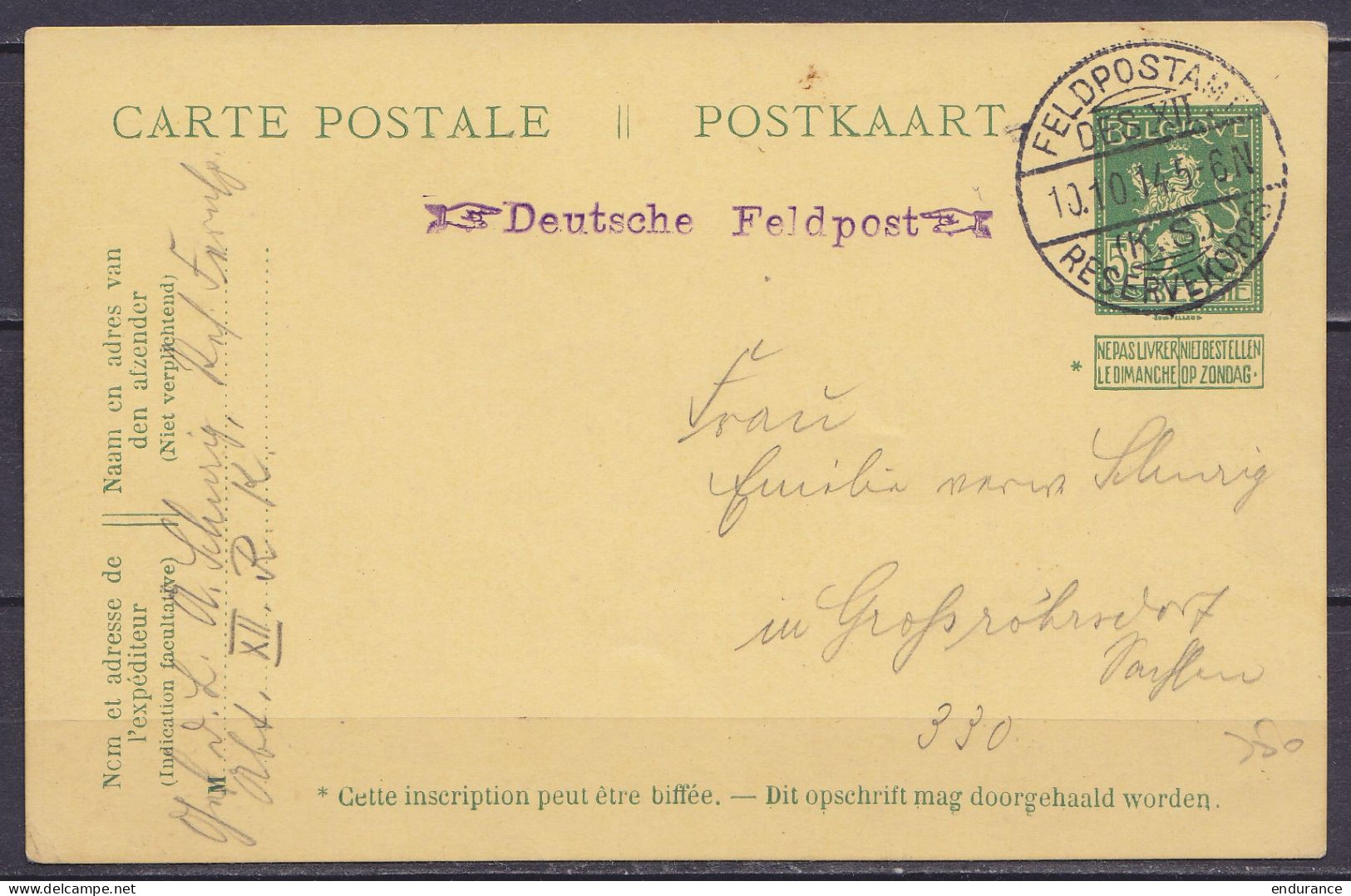 EP CP 5c Vert (N°110) De ST-HILAIRE-LE-PETIT Càd "FELDPOSTAMT /10.10.1914/ DES XII. RESERVEKORPS" Pour Großröhrsdorf - G - Deutsche Armee