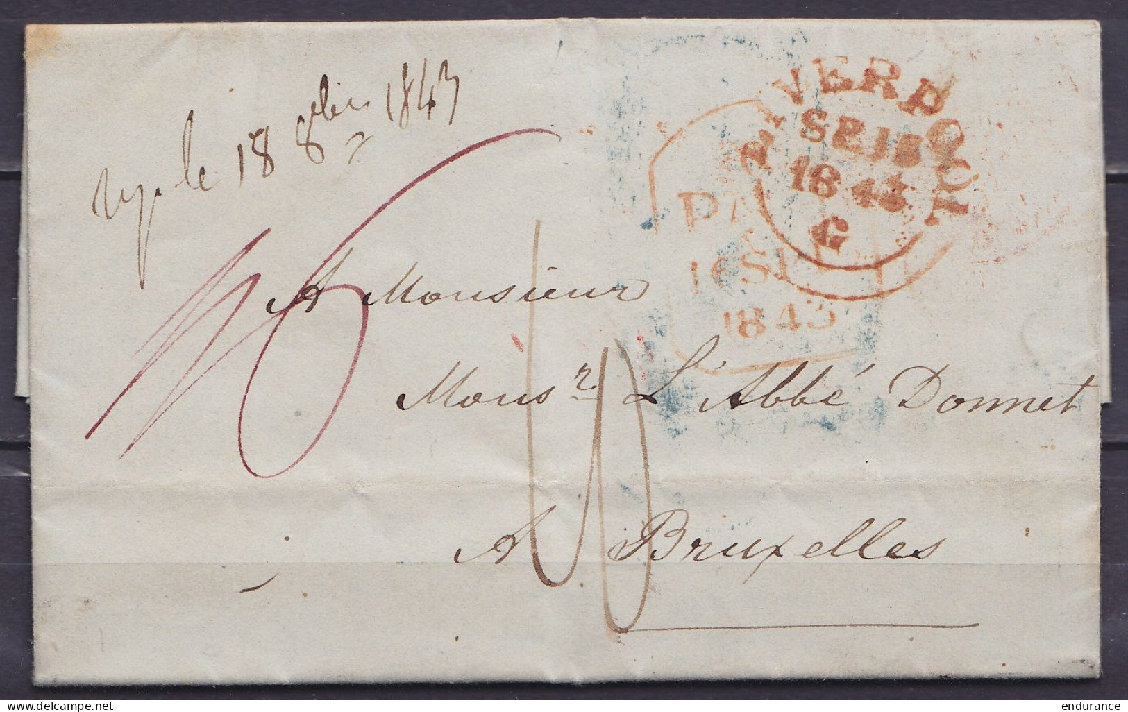 Grande Bretagne - L. Càd LIVERPOOL /SEP 13 1843 Pour BRUXELLES (au Dos: Càd "QUIEVRAIN …" + Arrivée BRUXELLES /20 SEPT 1 - 1830-1849 (Belgique Indépendante)