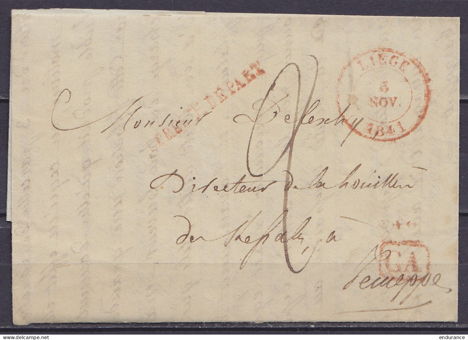 L. Càd LIEGE /5 NOV 1841 Pour JEMEPPE - Griffes "APRES LE DEPART" & [CA] (correspondance D'arrondissement) - Port "2" - 1830-1849 (Belgique Indépendante)