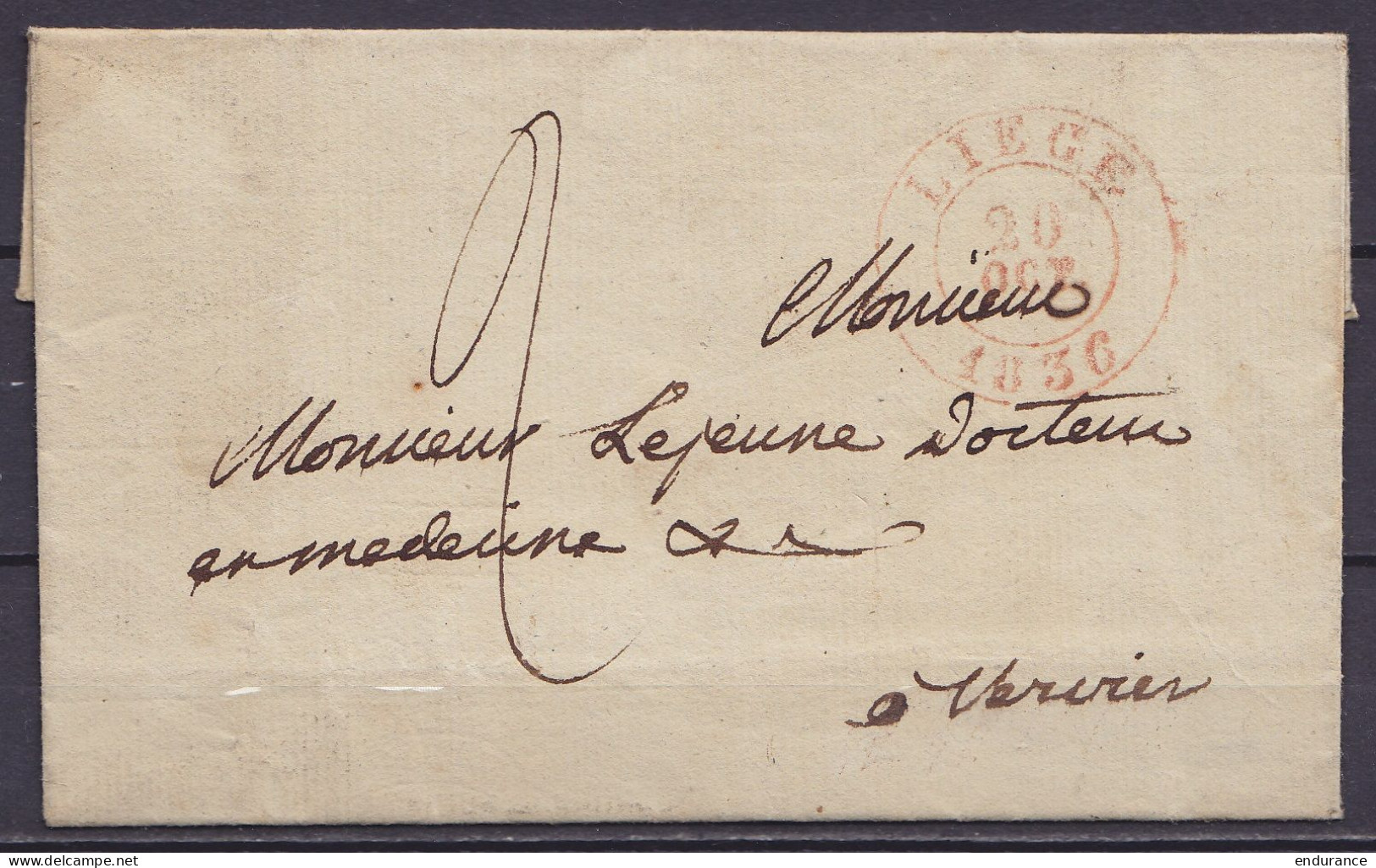 LSC (sans Texte) Càd LIEGE /20 OCT 1836 Pour Médecin à VERVIERS - Port "2" (au Dos: Càd Arrivée VERVIERS) - 1830-1849 (Belgique Indépendante)