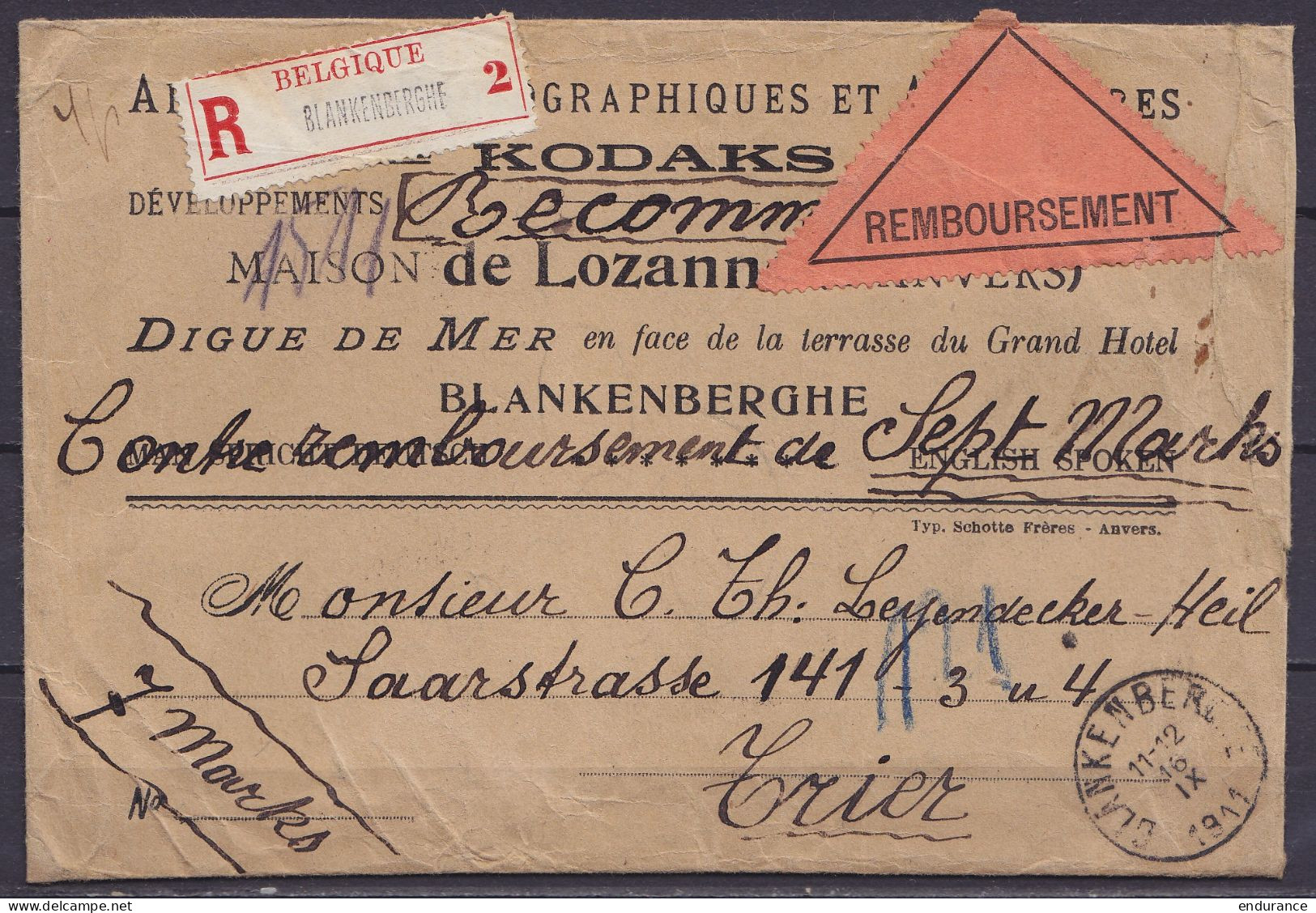 L. Photographe De Lozann (Kodaks) Recommandée Contre Remboursement Affr. N°76 + Paire N°77 Càd BLANKENBERGHE /16 IX 1911 - 1905 Grosse Barbe