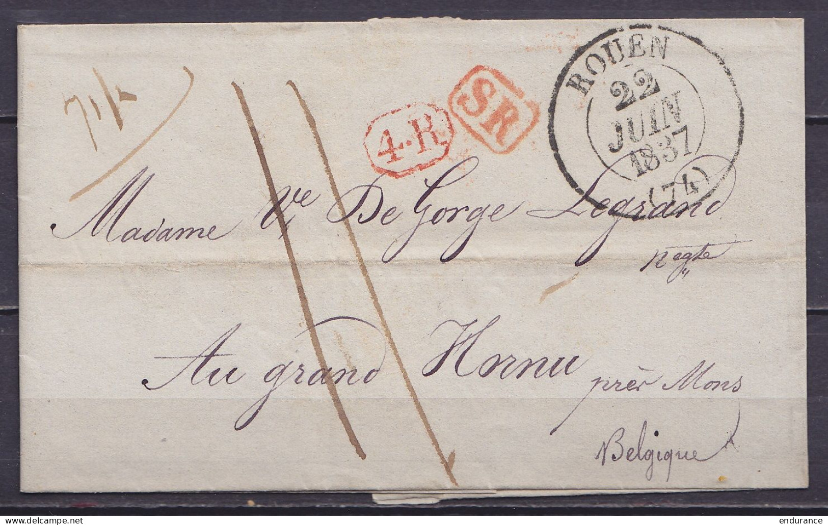 LSC (sans Texte) Càd ROUEN /22 JUIN 1837 Pour GRAND HORNU Près Mons - Griffes [4.R] & [SR] - Port "11" (au Dos: Griffe [ - 1830-1849 (Belgique Indépendante)