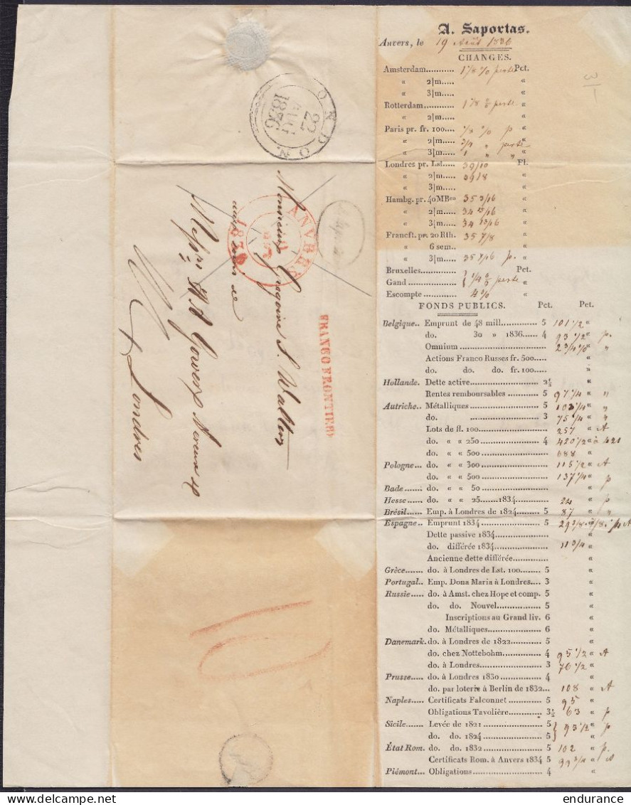 L. Datée 19 Août 1836 De ANTWERP Càd ANVERS /19 AOUT 1836 Pour LONDRES - Griffe "FRANCO FRONTIERE" (au Dos: Càd Arrivée  - 1830-1849 (Belgique Indépendante)