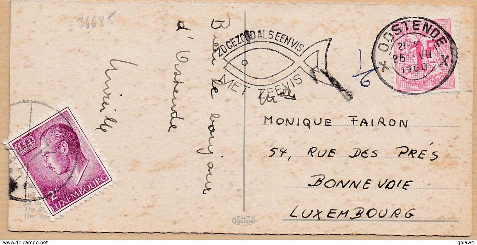 36685# CARTE POSTALE Obl OSTENDE 1968 TAXE LUXEMBOURG BONNEVOIE - Taxes