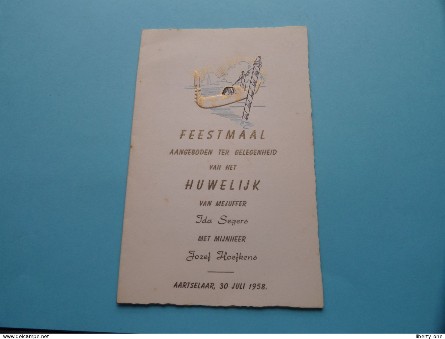 Feestmaal > HUWELIJK Van Ida Segers Met Jozef Hoefkens > Te AARTSELAAR Op 30 Juli 1958 (zie Scans) ! - Menus