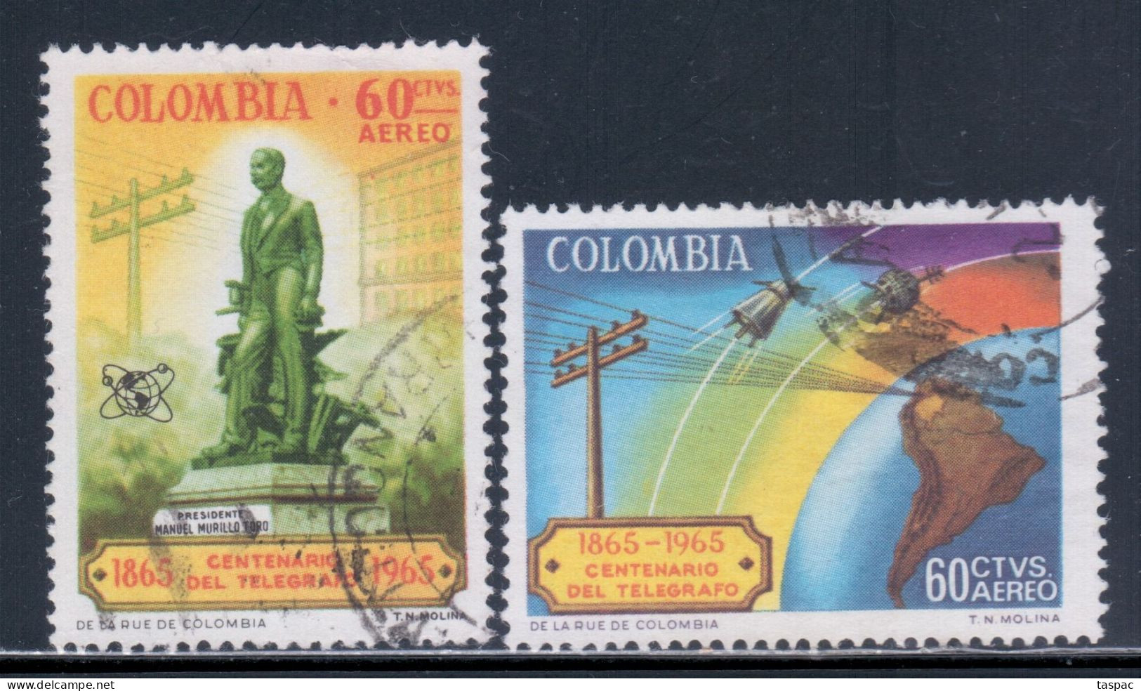 Colombia 1965 Mi# 1063-1064 Used - Cent. Of The Telegraph In Colombia / Space - Amérique Du Sud