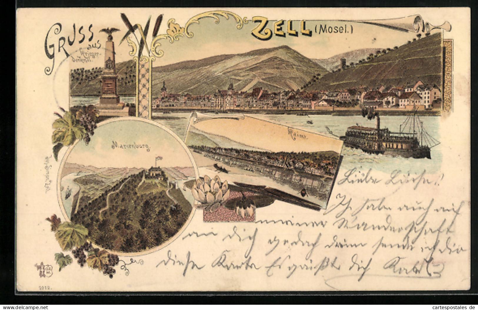 Lithographie Zell /Mosel, Marienburg, Krieger-Denkmal, Kaimt  - Zell