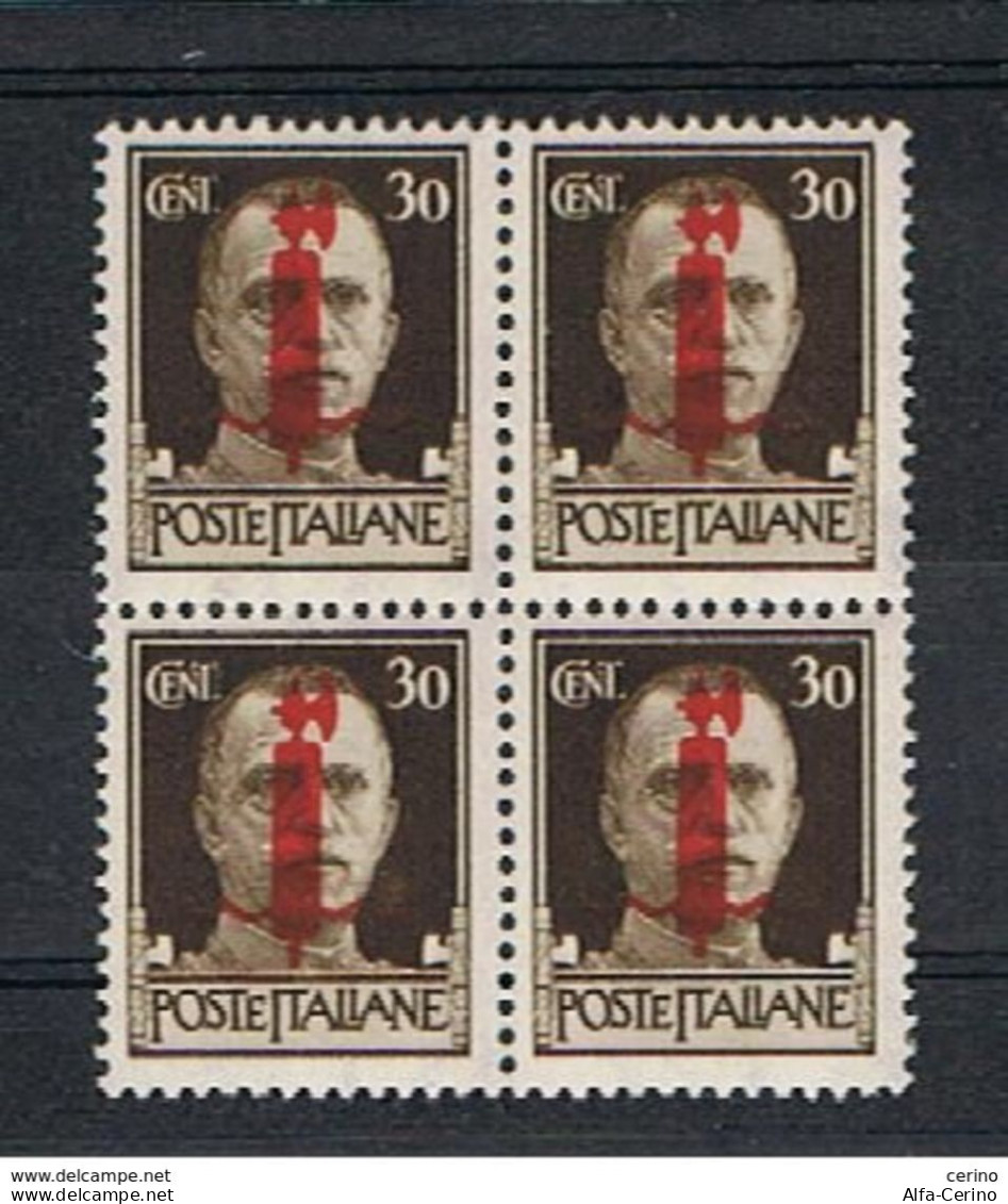 R.S.I. :  1944  SOPRASTAMPATO  -  30 C. BRUNO  BL. 4  N. -  SASS. 492 - Nuevos