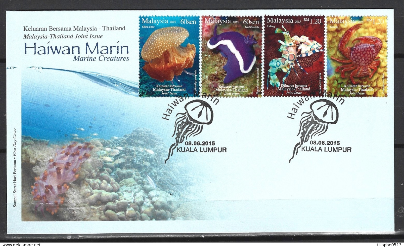 MALAISIE. N°1781-4 De 2015 Sur Enveloppe 1er Jour. Faune Marine/Méduse/Crevette/Emission Commune. - Marine Life