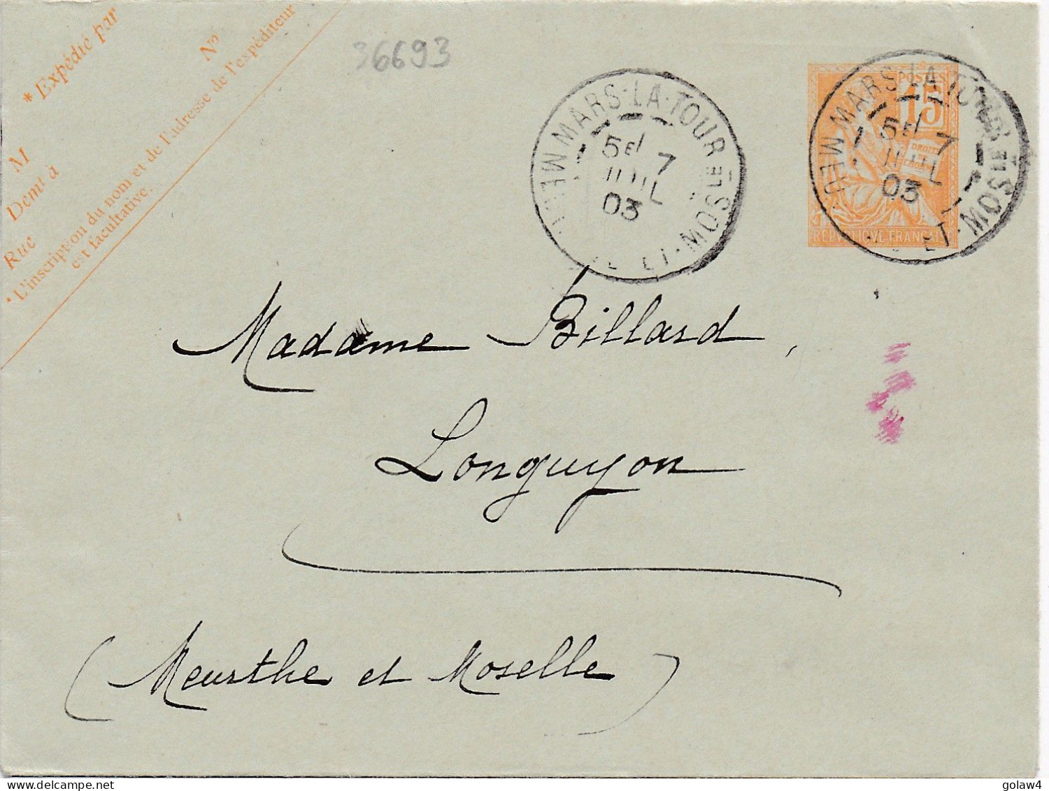 36693# MOUCHON ENTIER POSTAL ENVELOPPE Obl MARS LA TOUR MEURTHE ET MOSELLE 1903 Pour LONGUYON Via PAGNY GARE - Enveloppes Types Et TSC (avant 1995)