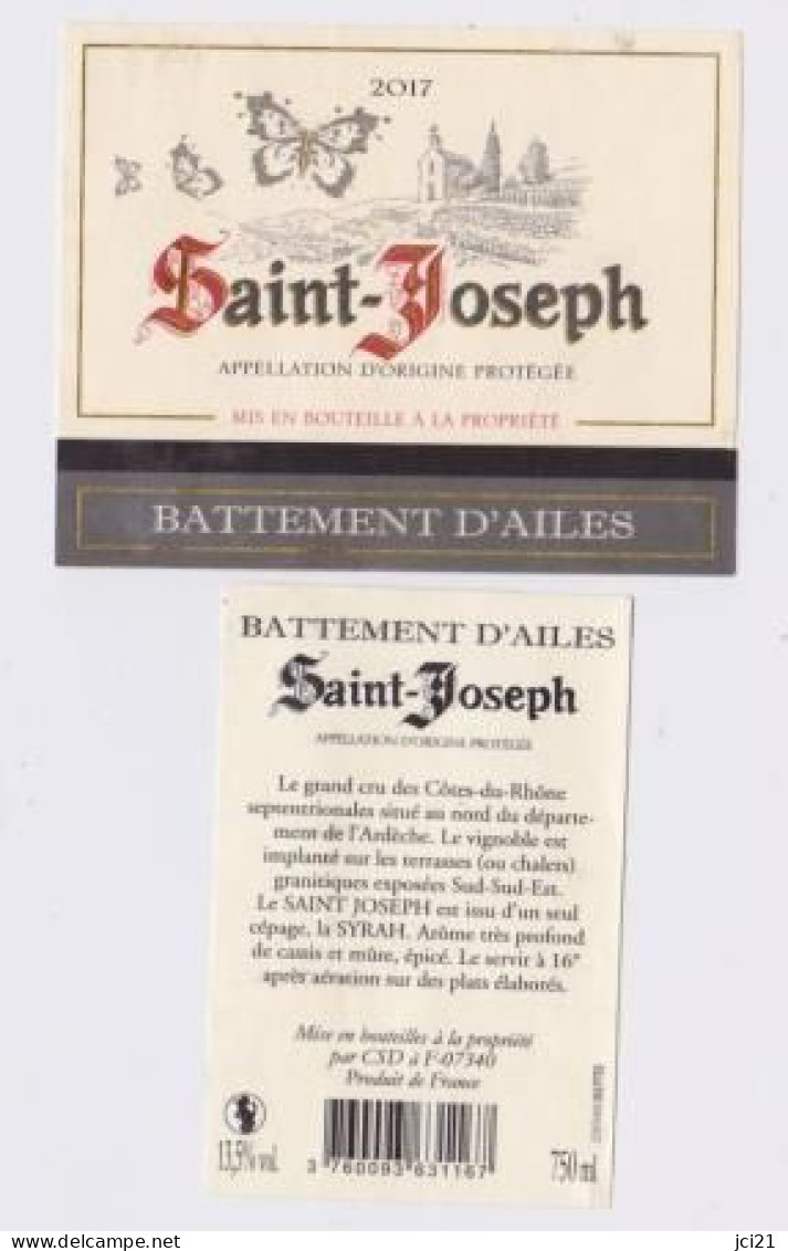Étiquette Et Contre étiquette " SAINT-JOSEPH 2017 " Papillons église Chapelle Vigne (3098)_ev632 - Côtes Du Rhône