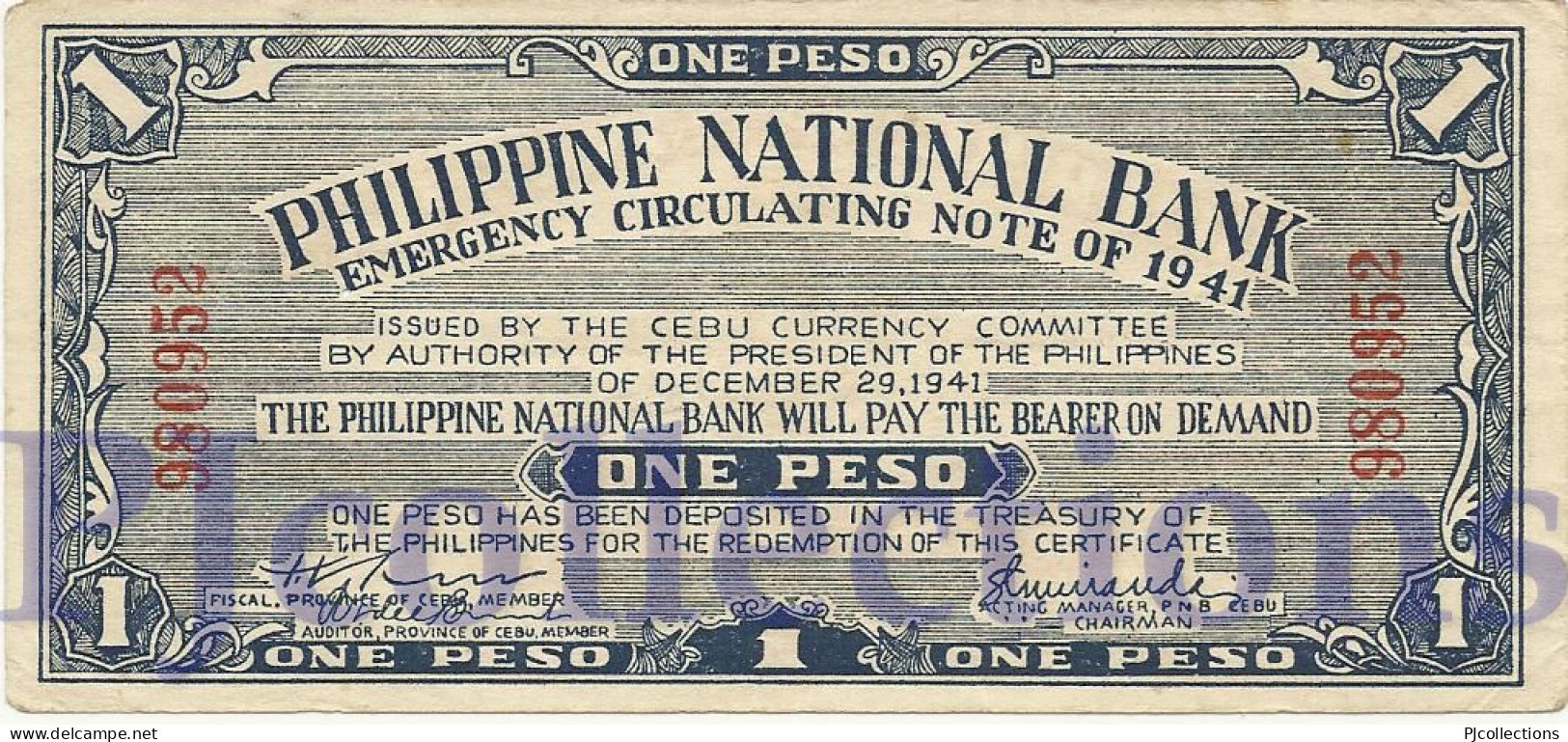 PHILIPPINES 1 PESO 1941 PICK S215 AU W/PINHOLE EMERGENCY BANKNOTE - Philippines