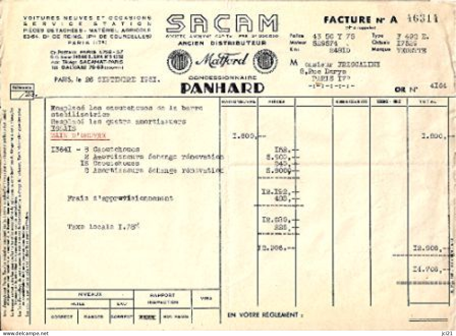 FACTURE - PARIS - SACAM CONCESSIONNAIRE PANHART - VOITURE SIMCA VEDETTE _DF2 - Cars