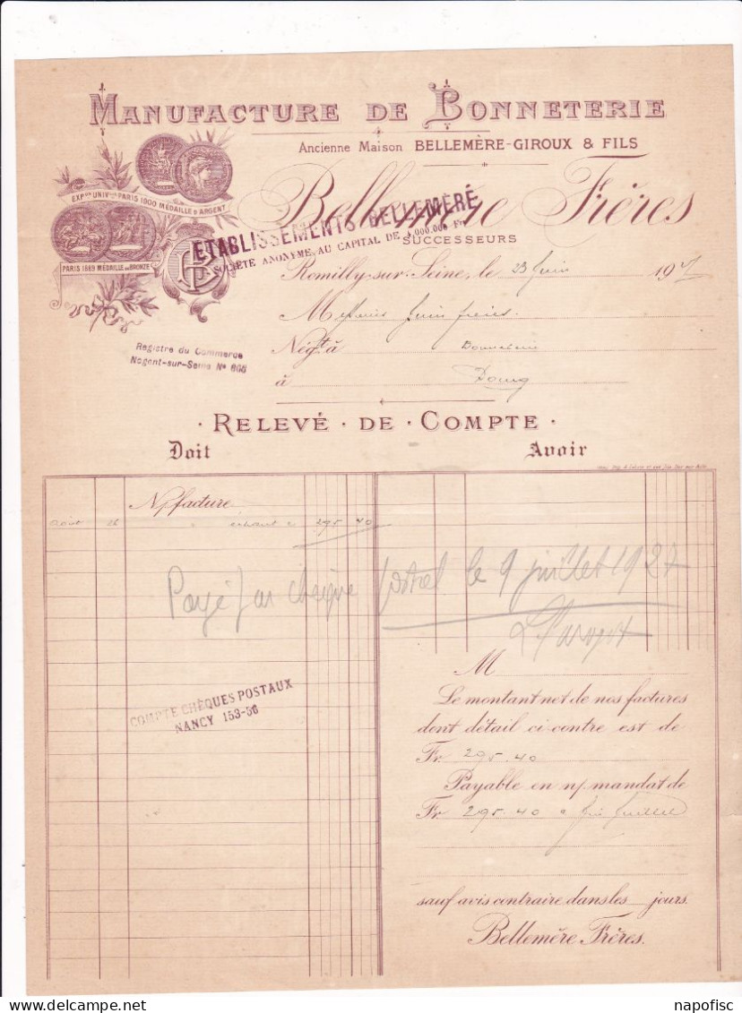 10-Ets Bellemère...Manufacture De Bonneterie....Romilly-sur-Seine..(Aube)....1927 - Textile & Vestimentaire