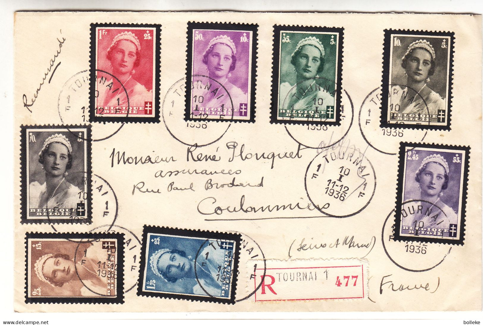 Belgique - Lettre Recom De 1936 - Oblit Tournai - Exp Vers Coulommiers - Reine Astrid - - Cartas & Documentos