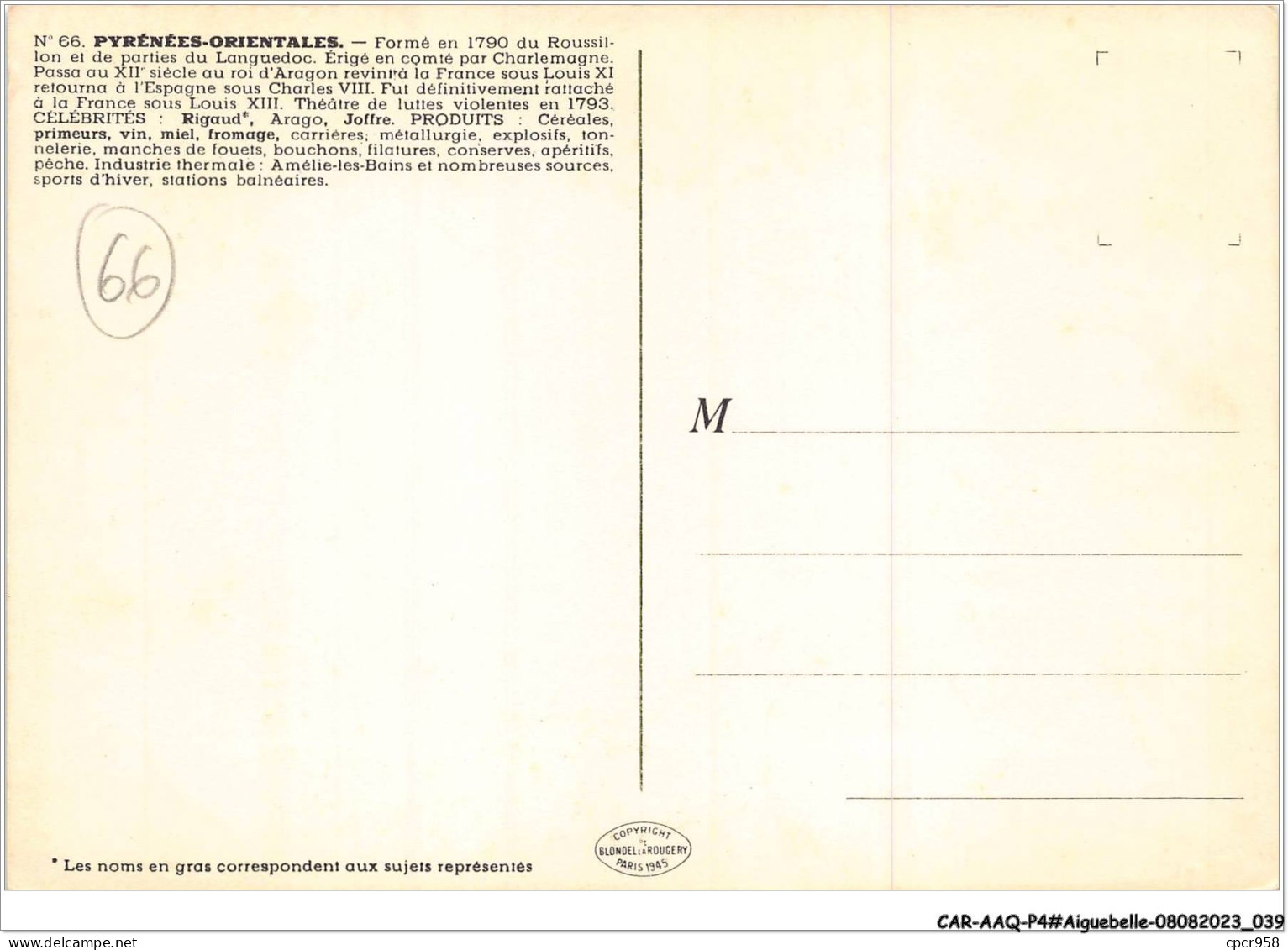 CAR-AAQP4-0303 - AIGUEBELLE - PYRENEES ORIENTALES - Formé En 1790  Du Roussillon Et De Parties Du Languedoc - Autres & Non Classés