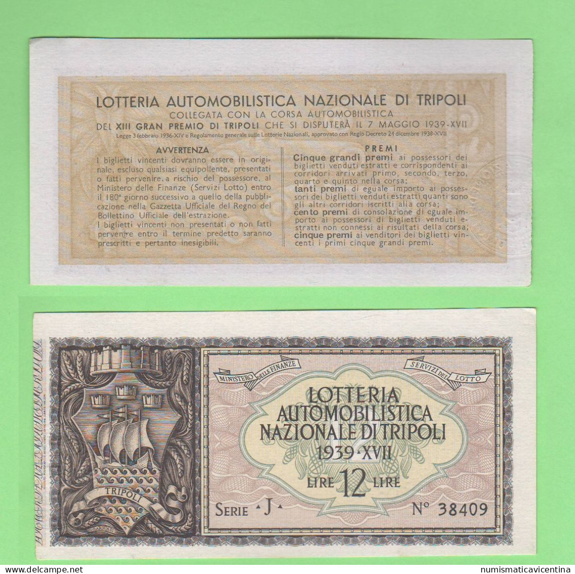 Lottery Loterie Billet 1939 Biglietto Lire 12 Ticket Lotteria Gran Premio Automobilistico Di Tripoli Libia Libya Libye - Lottery Tickets