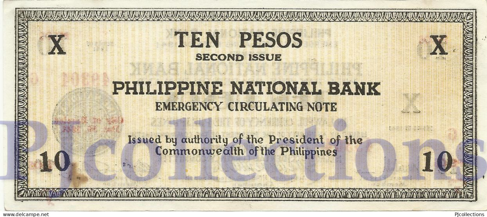 PHILIPPINES 10 PESOS 1941 PICK S627a AUNC EMERGENCY BANKNOTE - Philippines
