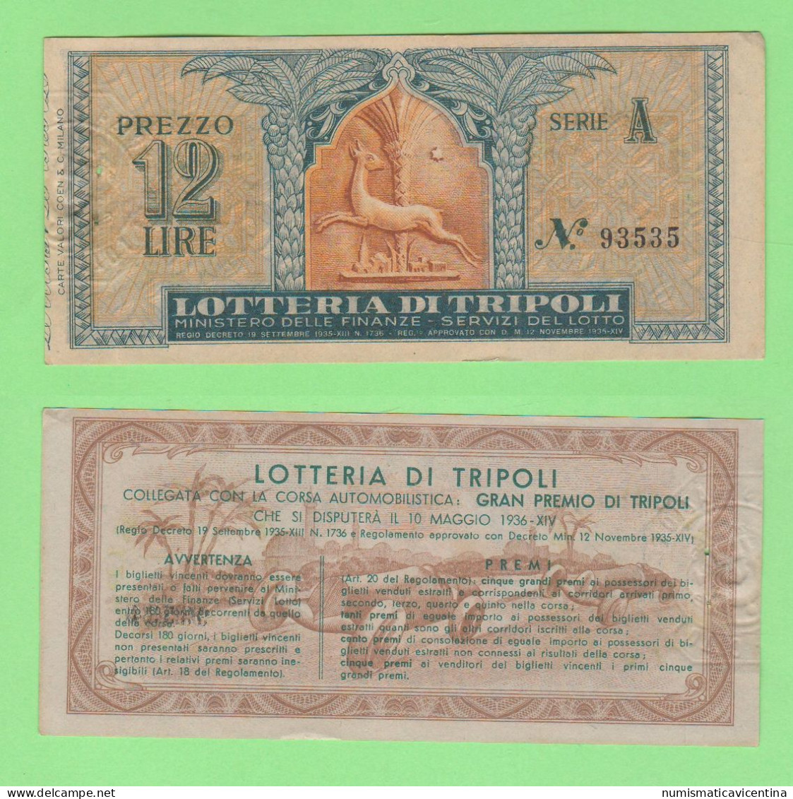 Lotteria Tripoli Lottery Loterie Billet 1936 Biglietto Da 12 Lire Ticket Gran Premio Automobilistico Auto Grand Prix - Billetes De Lotería