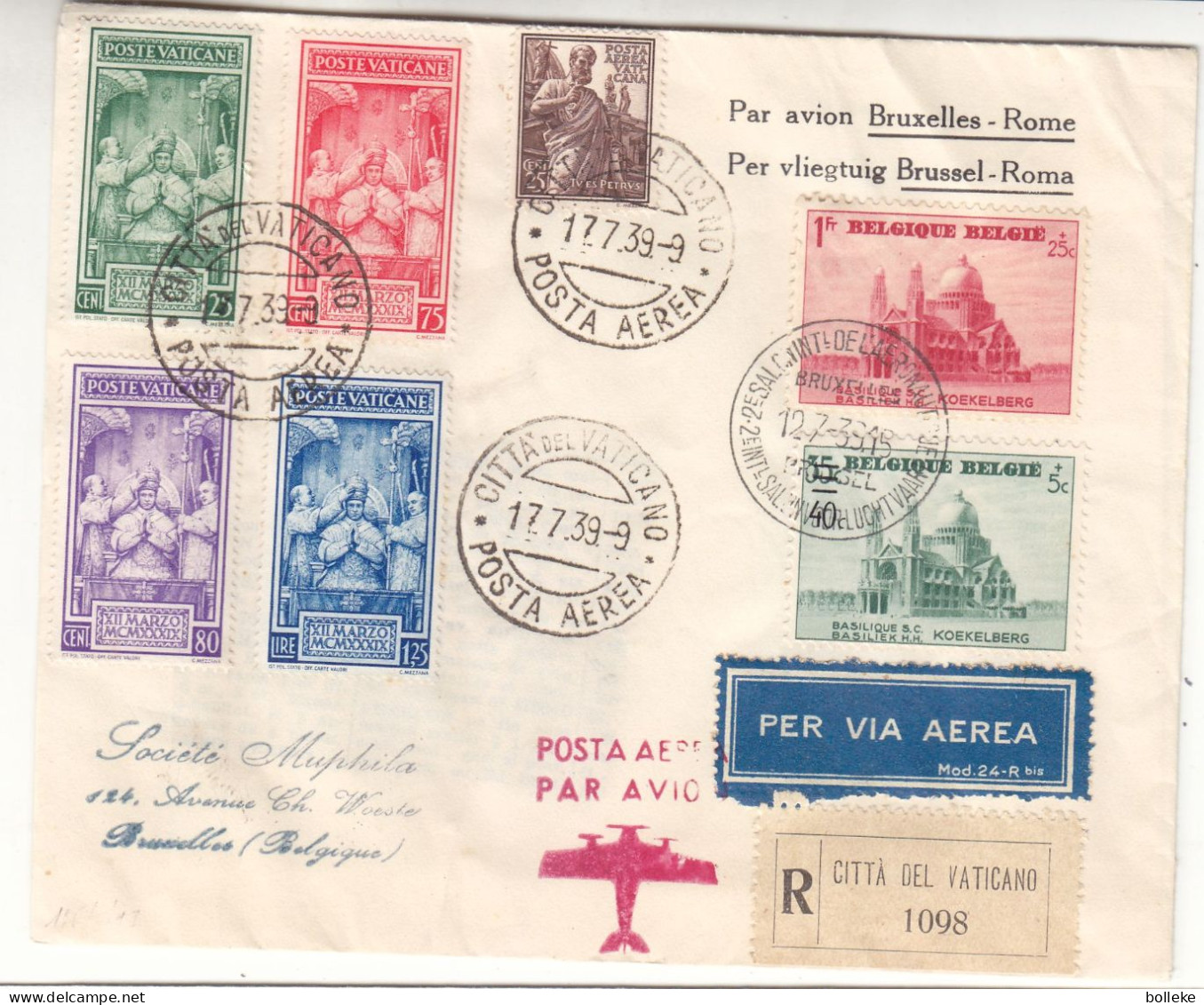 Belgique - Lettre Recom De 1939 - Oblit Bruxelles - Salon De L'aéronautique - Cachet Du Vatican Et Rome - - Storia Postale