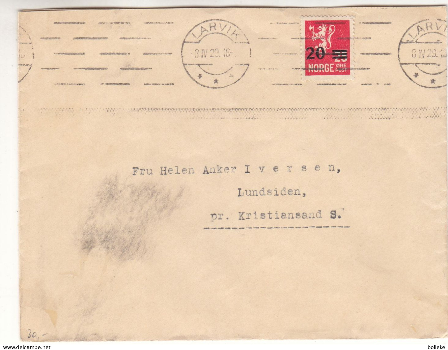 Norvège - Lettre De 1929 - Oblit Larvik - Exp Vers Kristiansand - - Briefe U. Dokumente