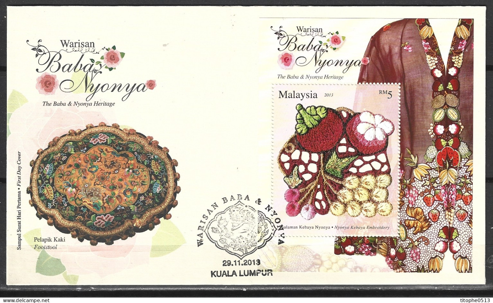 MALAISIE. BF 167 De 2013 Sur Enveloppe 1er Jour. Broderie Des Baba-Nyonya. - Textile