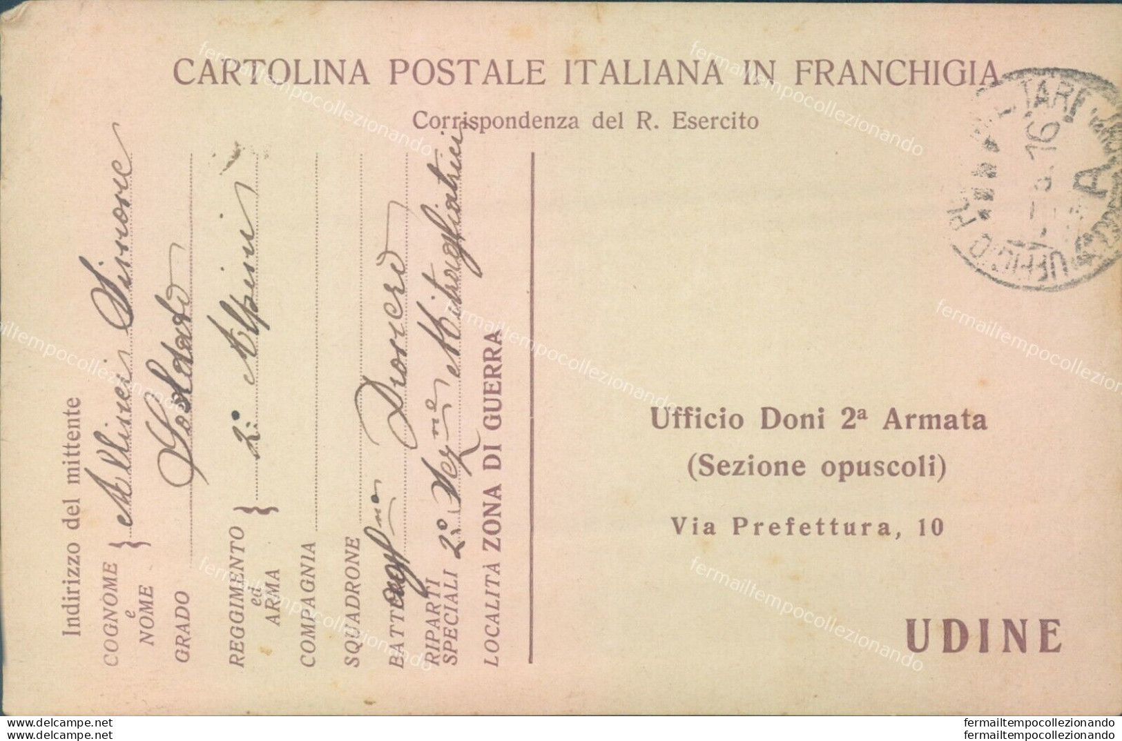 T134 Cartolina In Franchigia Ufficio Doni 2 Armata Udine 1916 - Franchise