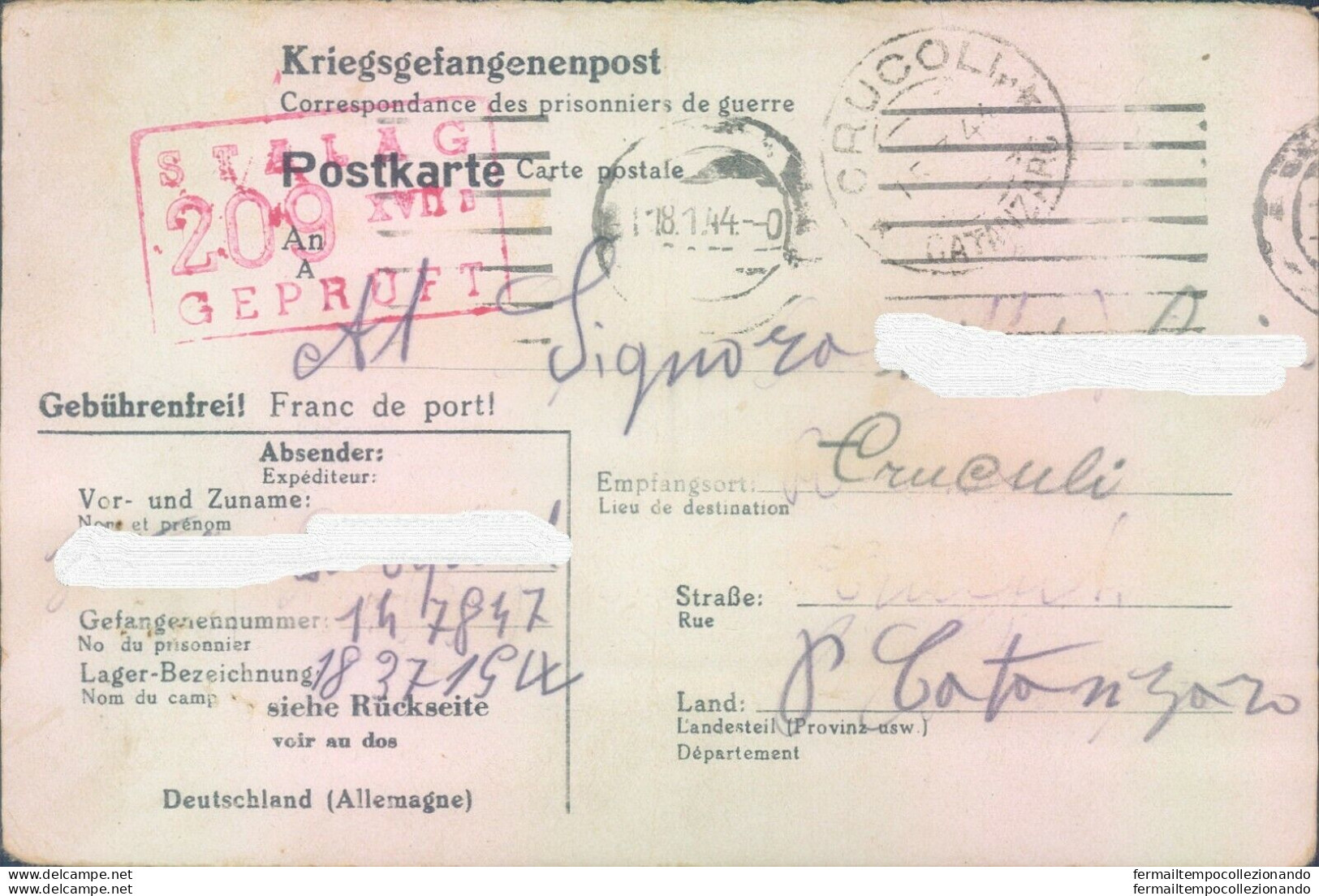 Pr58 Crucoli Prigioniero Di Guerra In Germania  Scrive Alla Sua Madre 1944 - Franchise