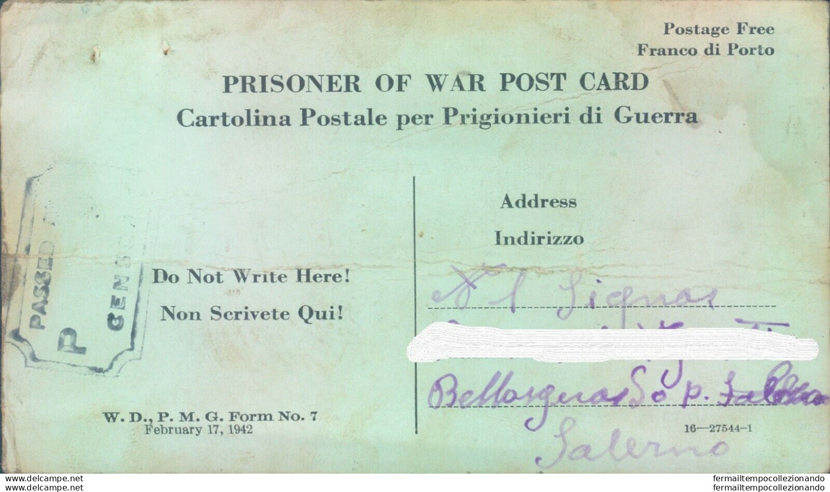 Pr197 Bellosguardo  Prigioniero Di Guerra Negli Stati Uniti  1943 Franchigia - Franchise