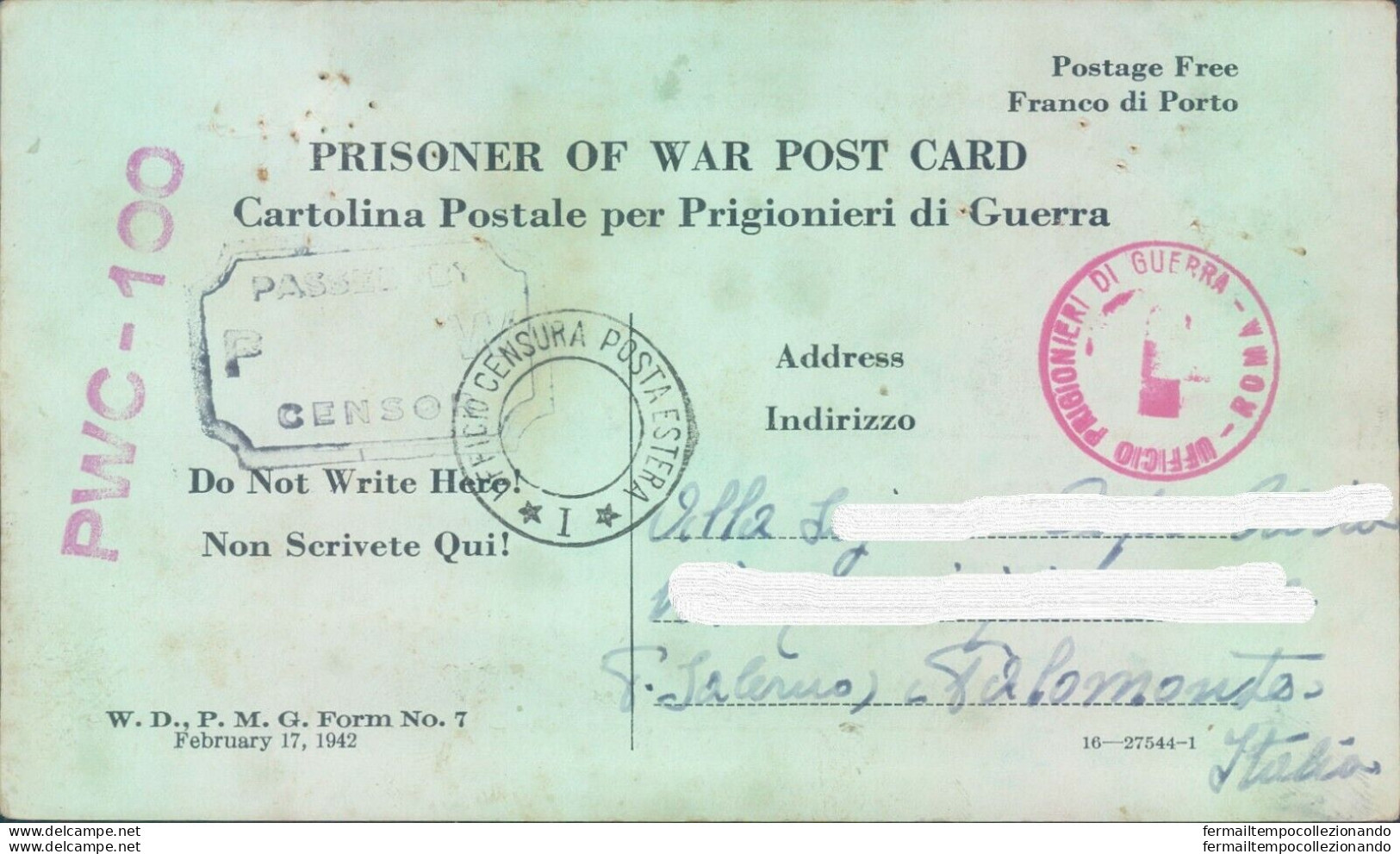 Pr198 Palomonte  Prigioniero Di Guerra Negli Stati Uniti  1943 Franchigia - Franchise