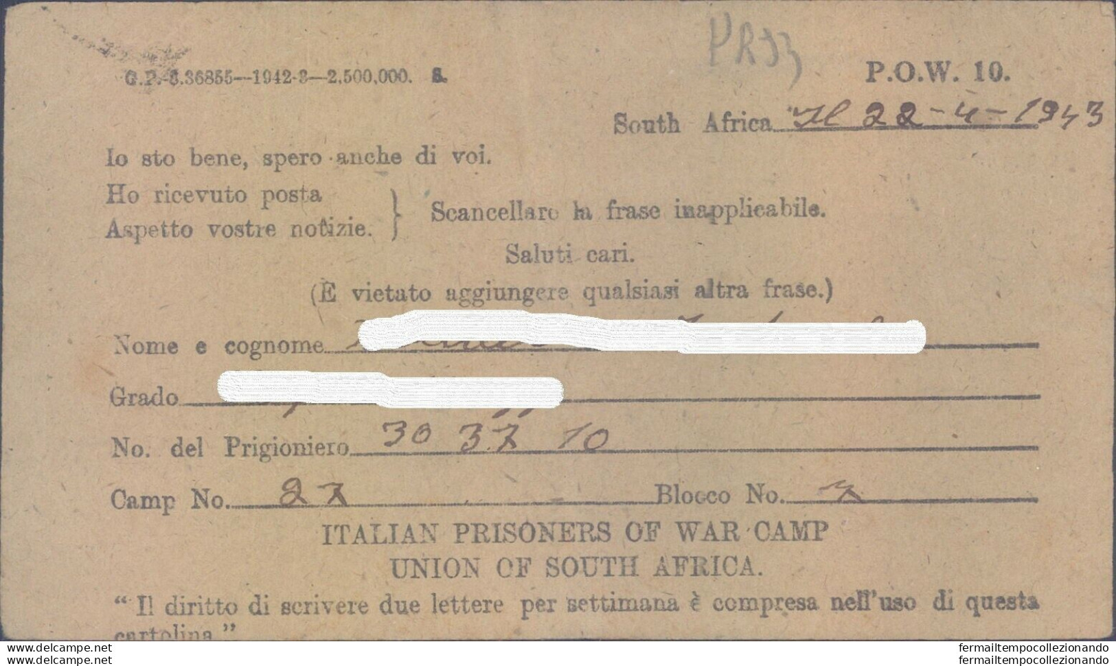 Pr93 -caserta Prigioniero Di Guerra In Sud Africa 1943 - Franchigia