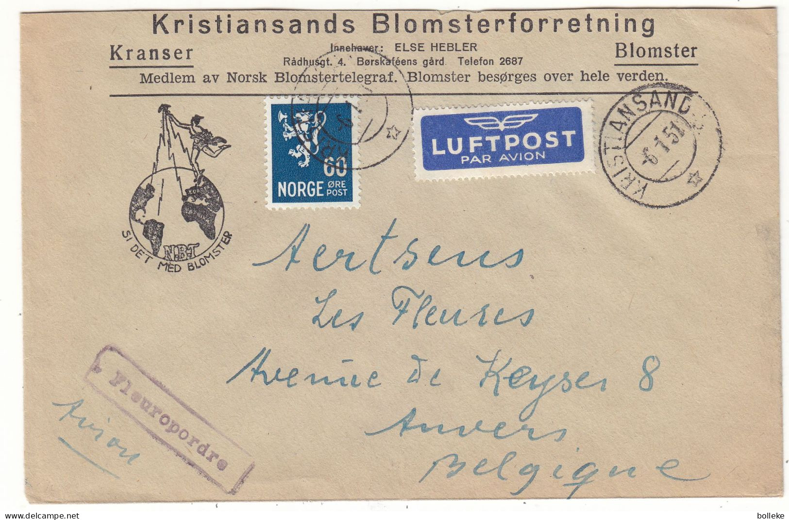 Norvège - Lettre De 1951 - Oblit Kristiansand - Exp Vers Anvers - Fleurs - - Lettres & Documents