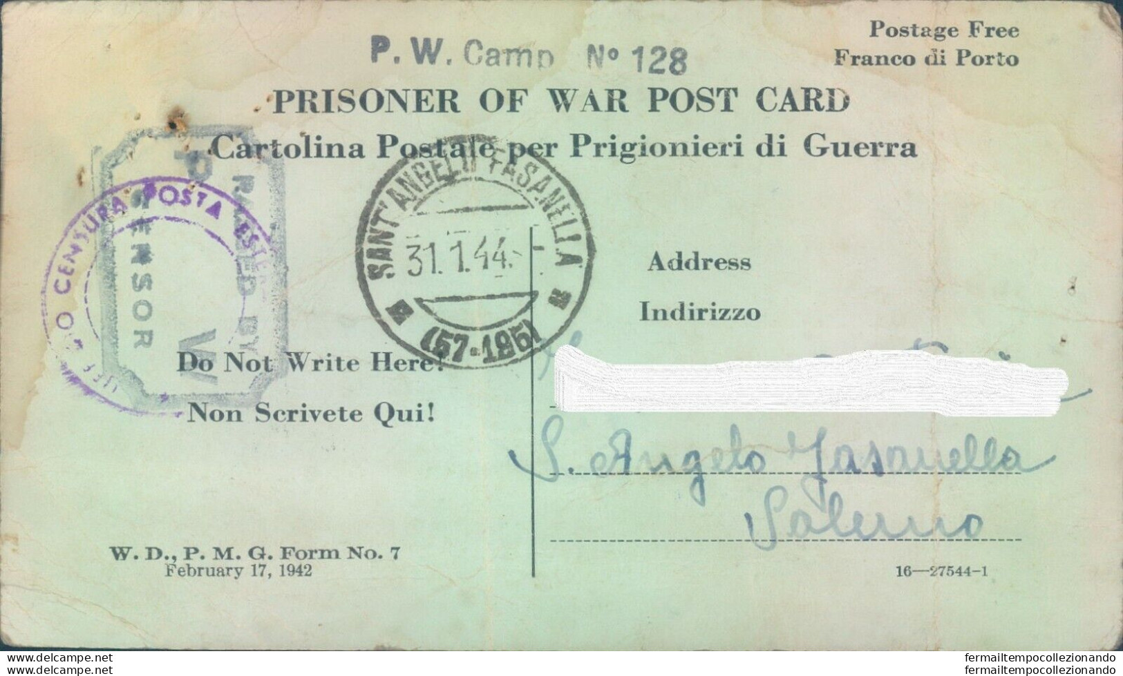 Pr154 S.angelo Fasanella Prigioniero Di Guerra Negli Stati Uniti 1943 - Franchise