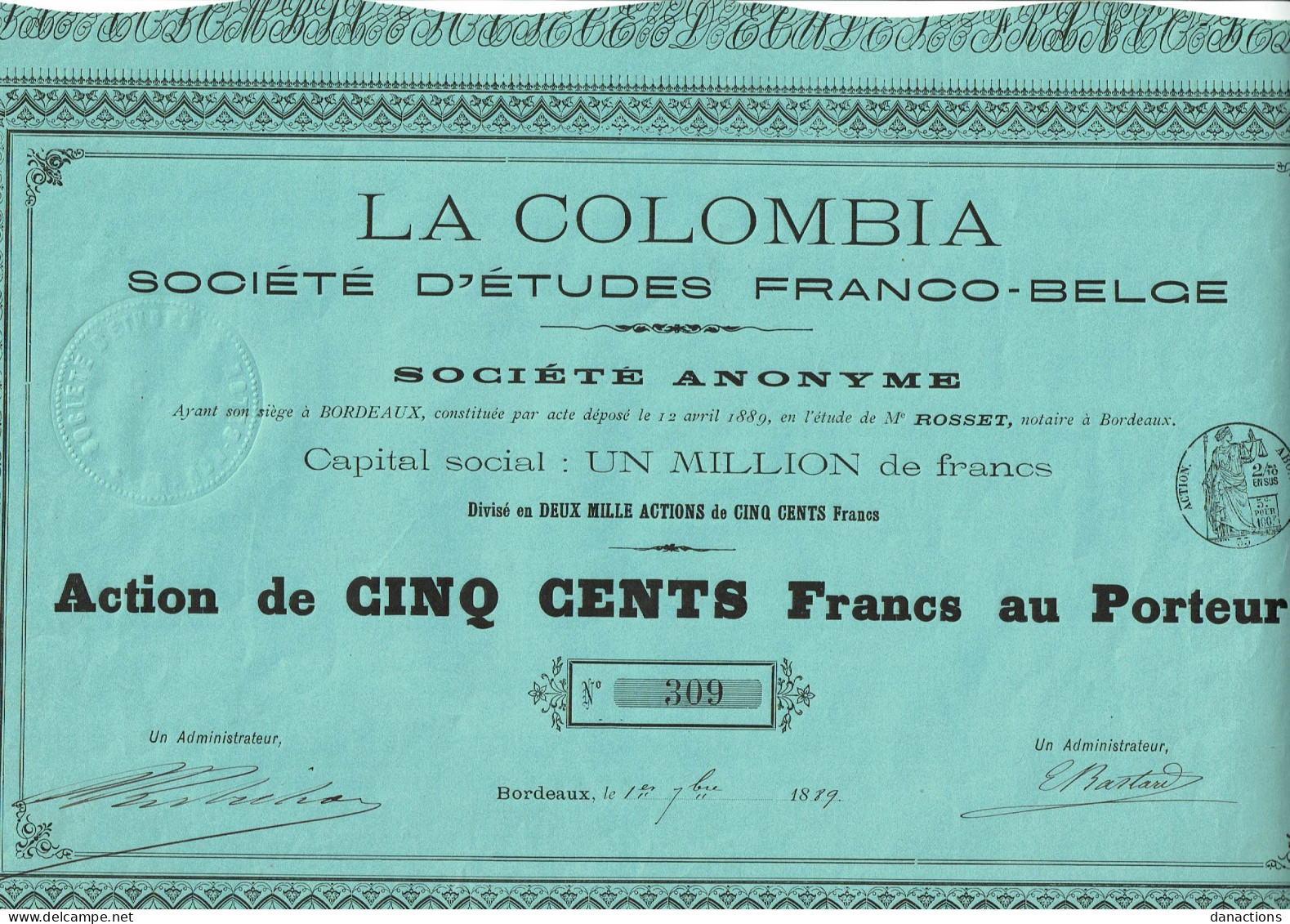 33-COLOMBIA. LA ... STE D'ETUDES FRANCO-BELGE.   1889 - Altri & Non Classificati