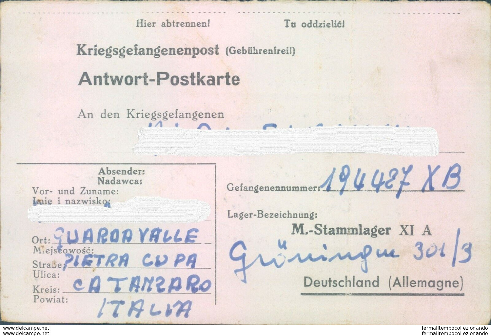 Pr39 Guardavalle - Catanzaro  Prigioniero Di Guerra In Germania - Franchise