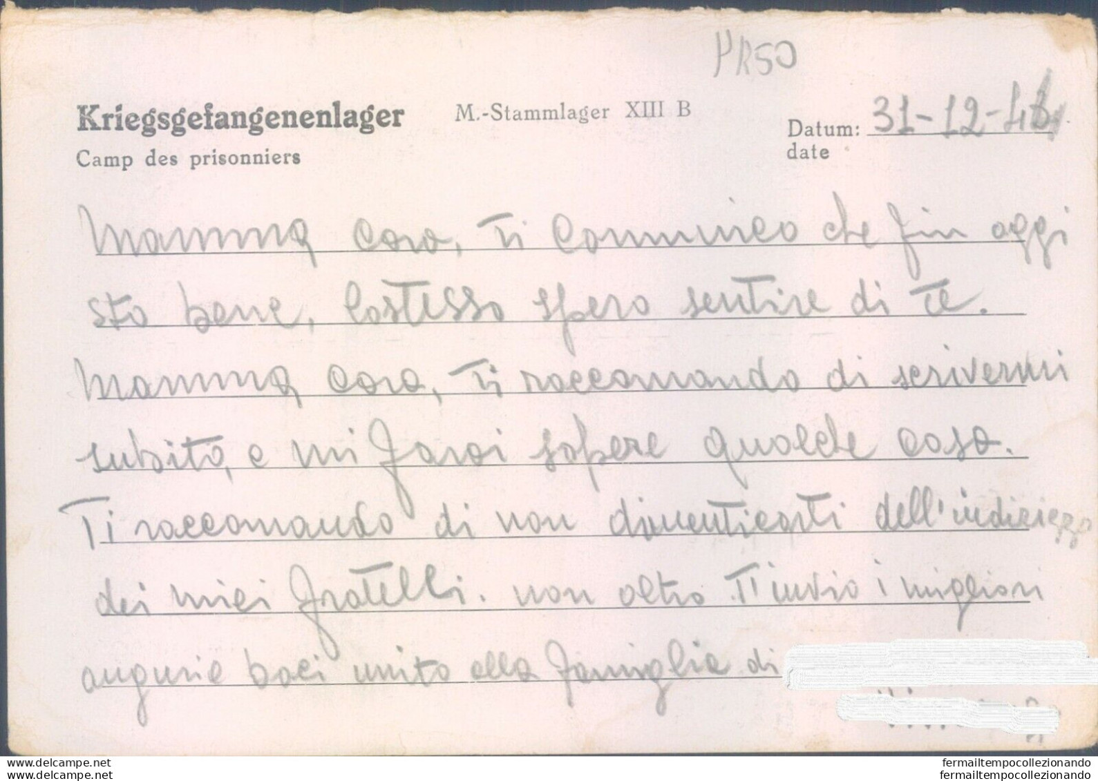 Pr50 Pallagorio  Prigioniero Di Guerra In Germania Scrive Alla Sua Famiglia 1944 - Franchigia