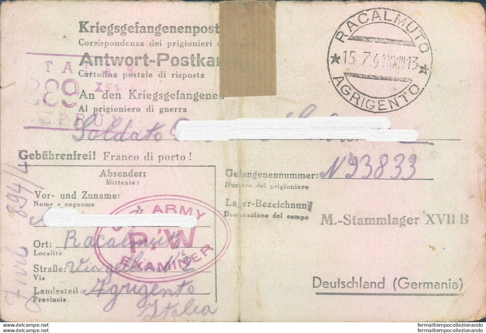 Pr55 Racalmuto- Prigioniero Di Guerra In Germania  Scrive Alla Sua Famiglia 1941 - Franchise