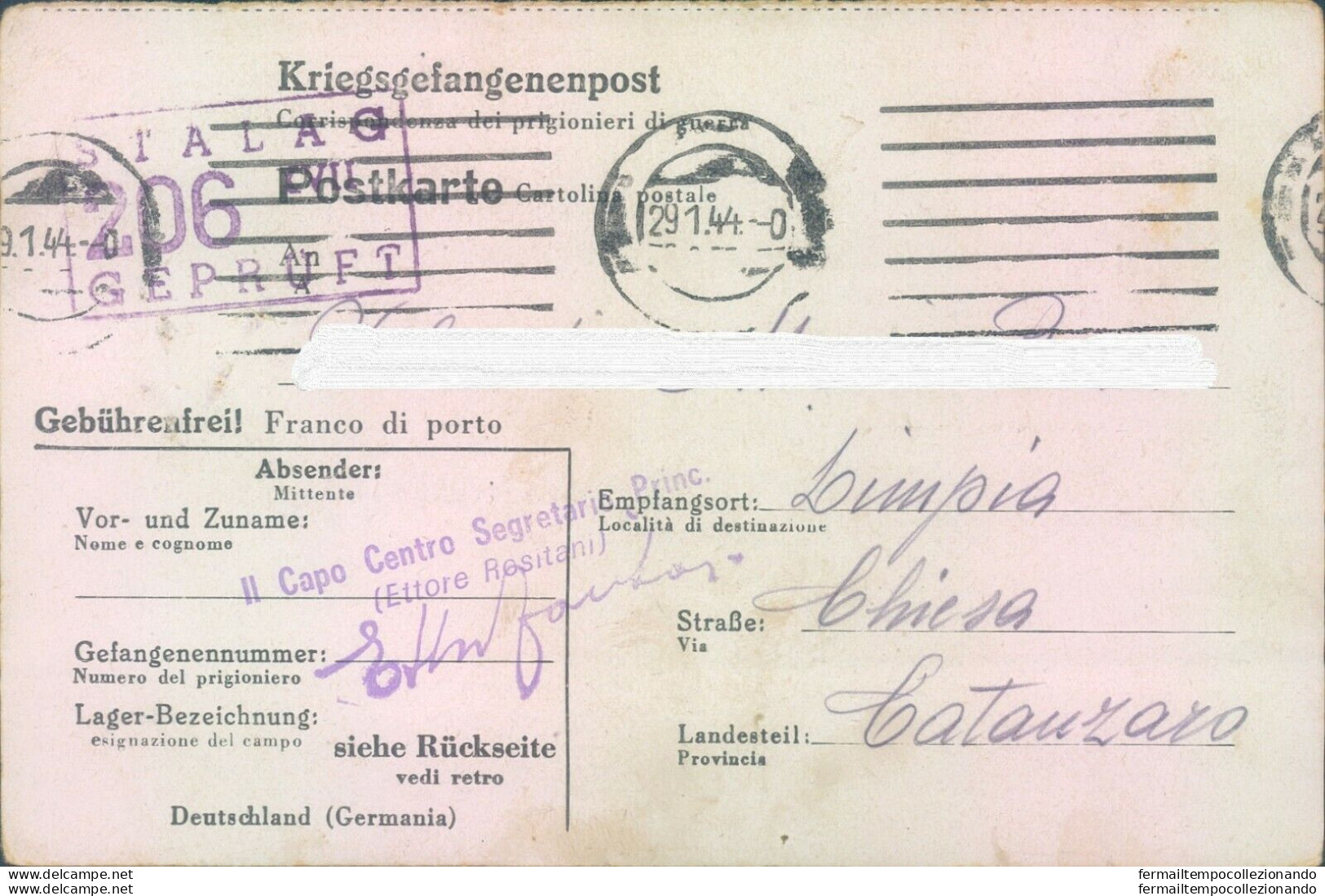 Pr69 Catanzaro Prigioniero Di Guerra In Germania Scrive Alla Sua Famiglia 1944 - Franchise