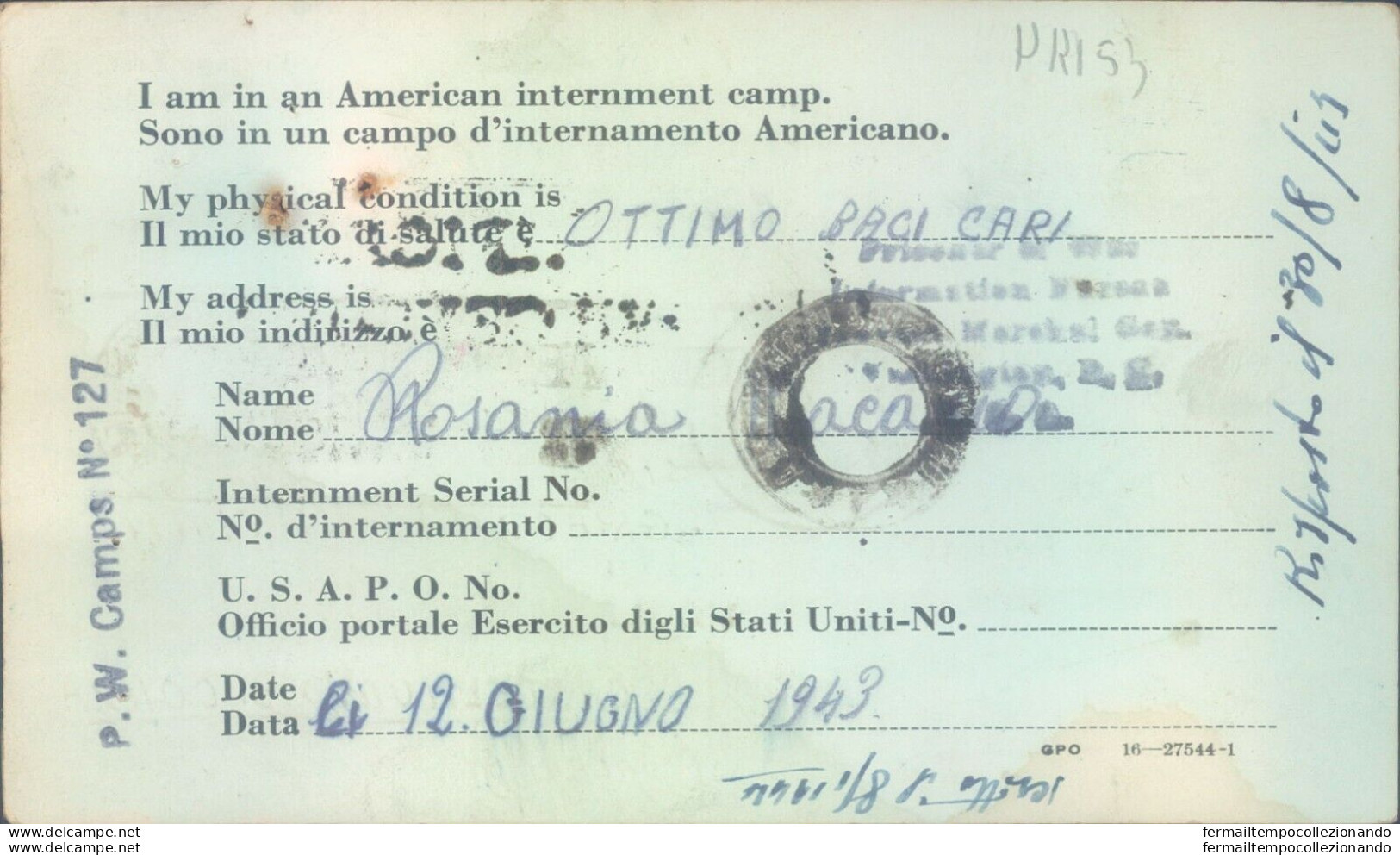 Pr153 Castelnuovo Di Conza Prigioniero Di Guerra Negli Stati Uniti 1943 - Franchise