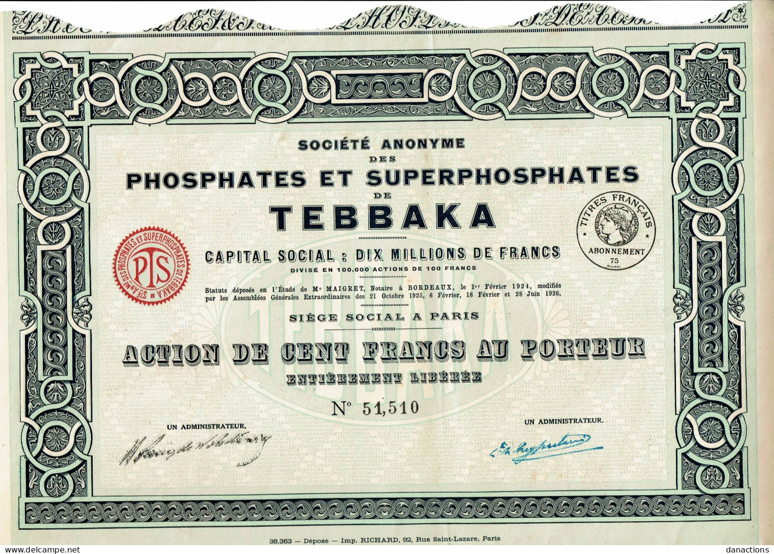 33-PHOSPHATES ET SUPERPHOSPHATES DE TEBBAKA. SA DES ... 1926.  Lot De 10  Imprimerie RICHARD - Altri & Non Classificati