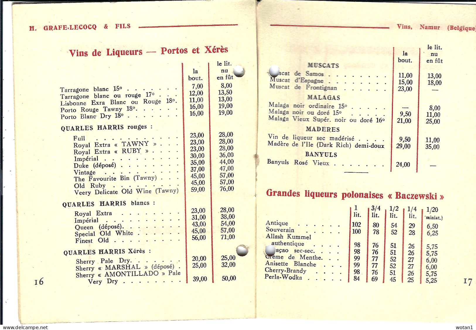 H. Grafé-Lecocq & Fils - VINS - NAMUR - Prix Courant N° 40 - Printemps 1936 - 18 Pages - Format 11 X 14,5cm - 1900 – 1949