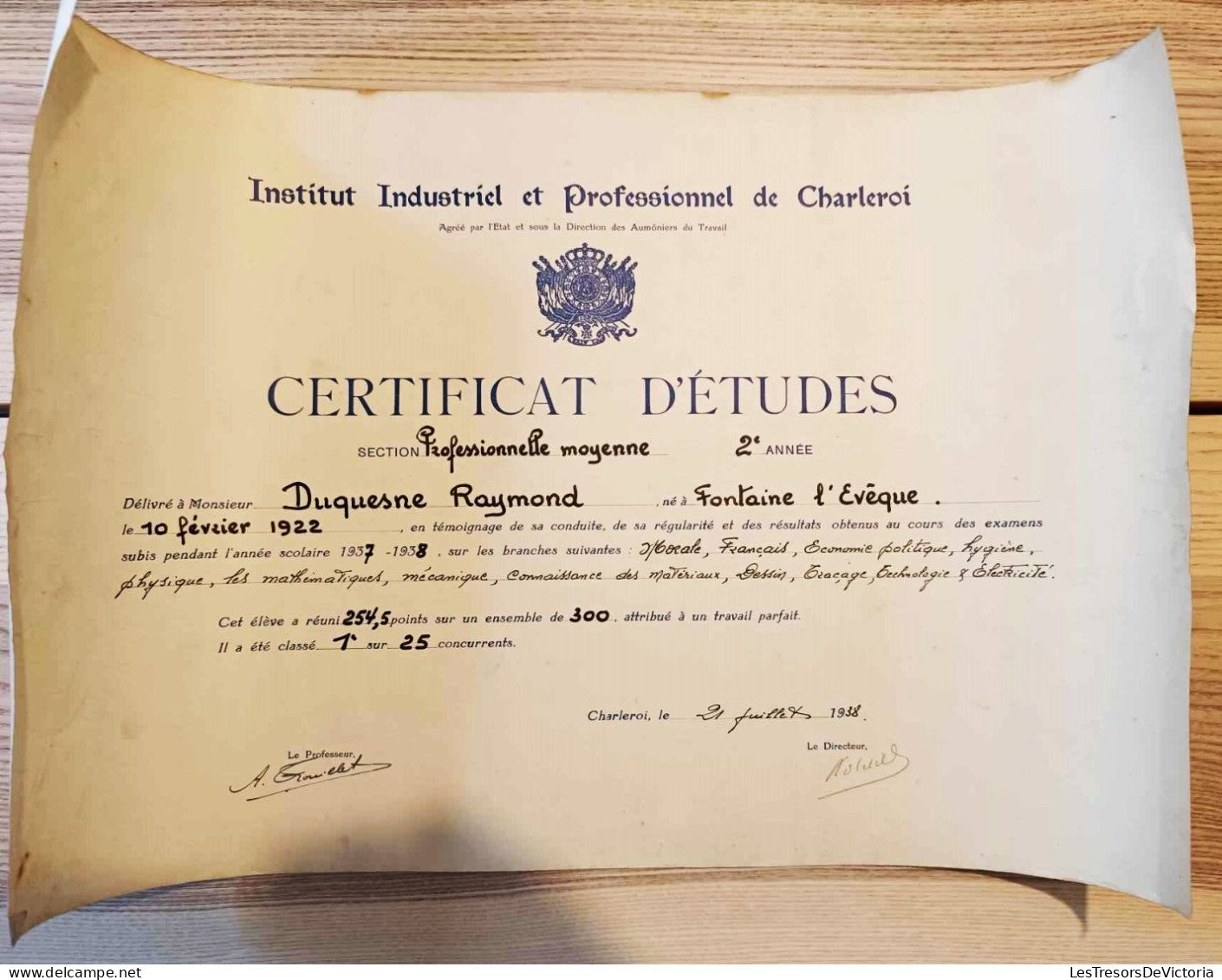 Certificat D'études Section Professionnelle Moyenne - 2è Année - 1937-38 - Dusquene Raymond - Diploma & School Reports