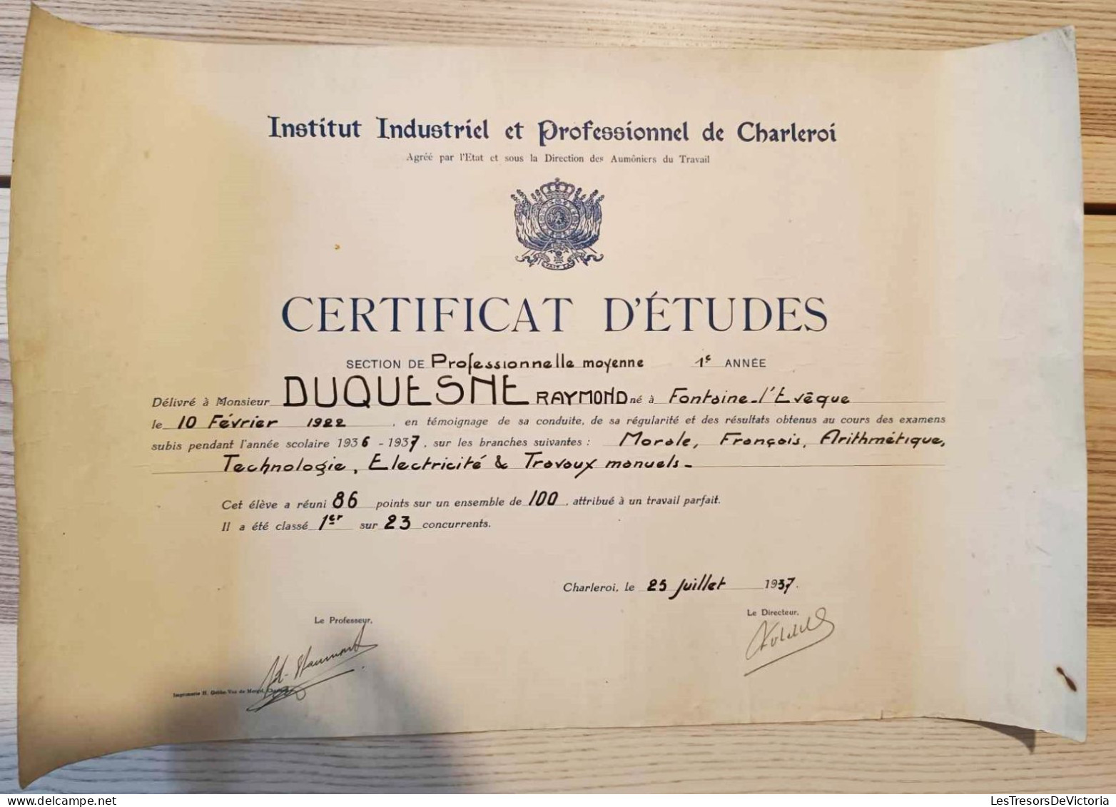 Certificat D'études Section Professionnelle Moyenne - 1è Année - 1936-37 - Dusquene Raymond - Diploma & School Reports