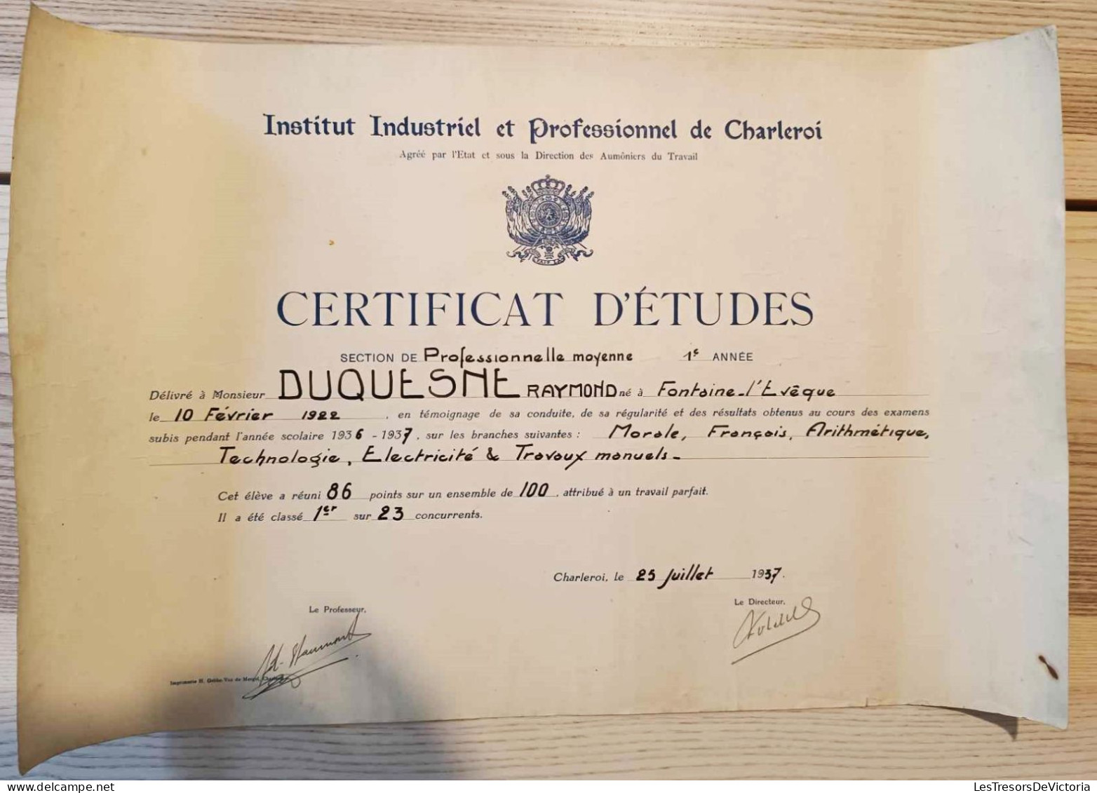 Certificat D'études Section Professionnelle Moyenne - 1è Année - 1936-37 - Dusquene Raymond - Diplômes & Bulletins Scolaires