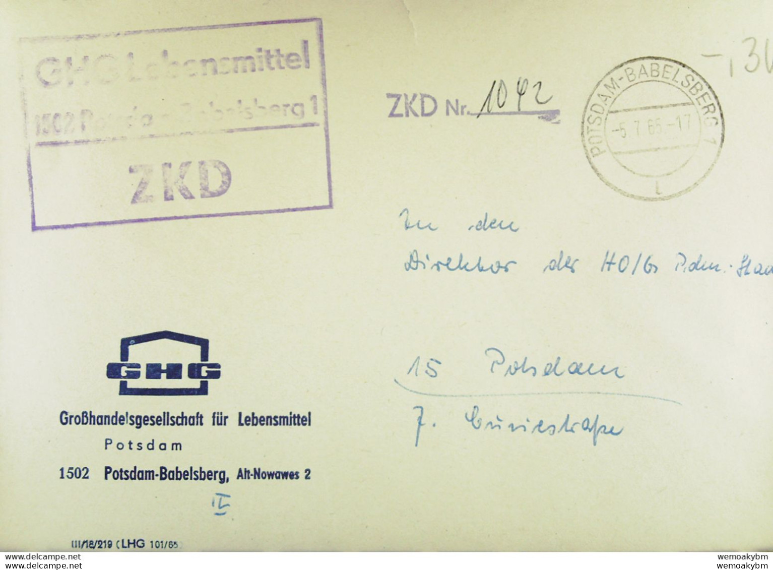 Orts-Brief Mit ZKD-Kastenstempel "GHG Lebensmittel 1502 POTSDAM-Babelsberg1" Vom 5.7.65 An Direktor Der HO/G - Zentraler Kurierdienst