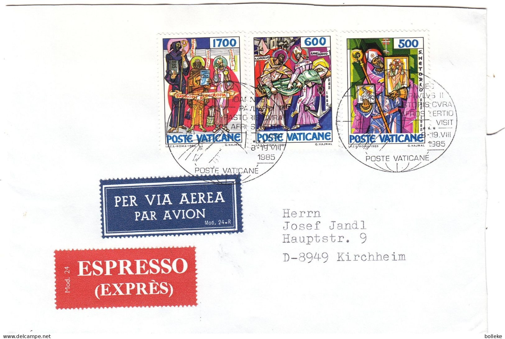 Vatican - Lettre Exprès De 1985 - Oblit Poste Vaticane - Exp Vers Kirchheim - Cachet De Mindelheim - - Storia Postale