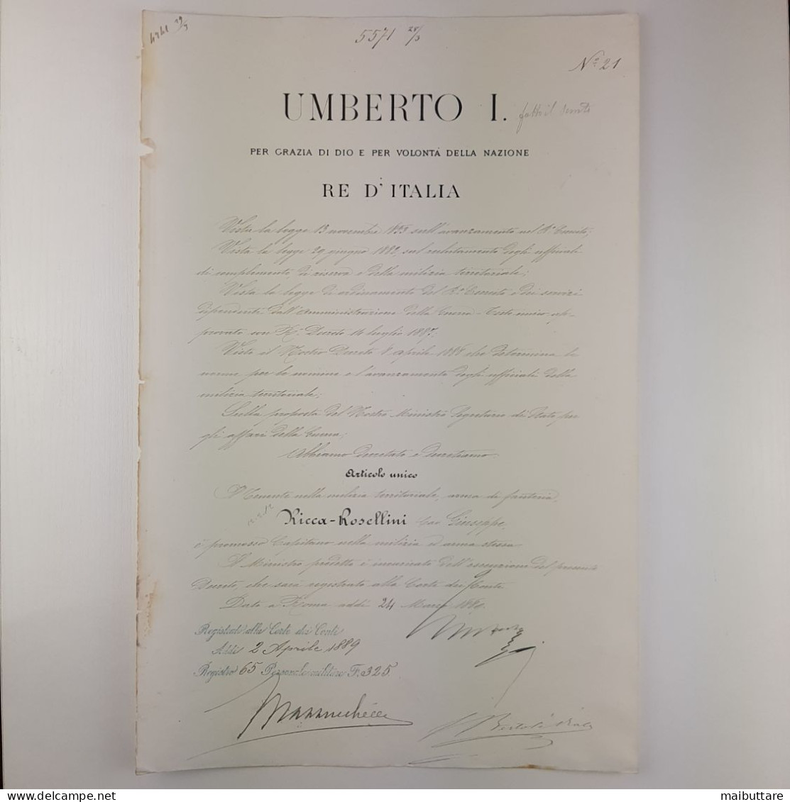 Decreto Firmato Dal Re Umberto I, Controfirmato Dal Ministro Della Guerra Ettore Bertole' - Décrets & Lois