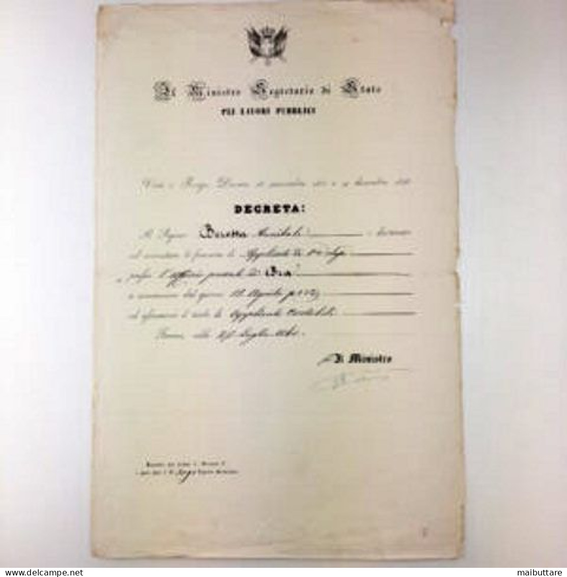 Decreto Il Ministro Segretario Di Stato Per I Lavori Pubblici Anno 1860 - Decreti & Leggi